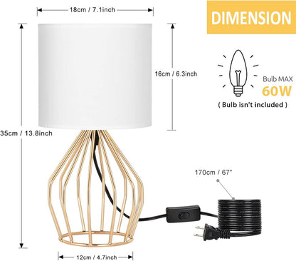Gold Table Lamp - Modern Style Desk Lamp with Hollowed Out Base Linen Fabric Shade, Small Golden Bedside Lamp for Bedrooms, Living Room